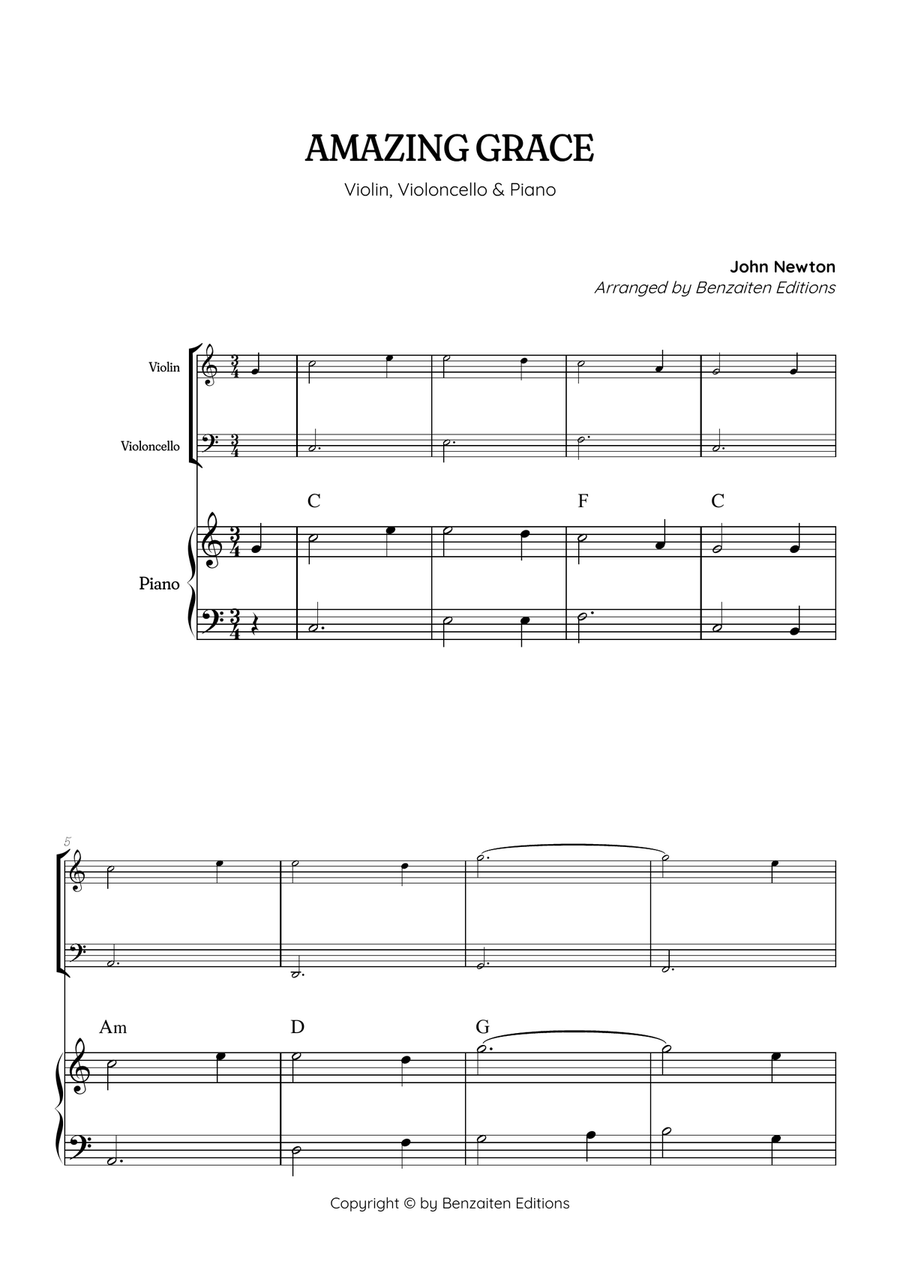 Amazing Grace • super easy violin and cello with easy piano accompaniment (and chords) Piano Trio scores gallery preview page 1