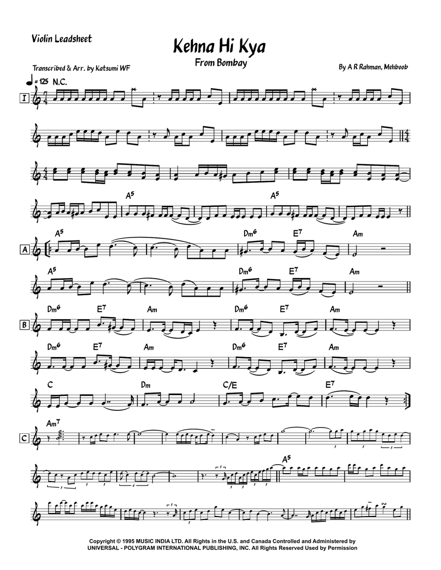 Kehna Hi Kya Violin Solo scores gallery preview page 1