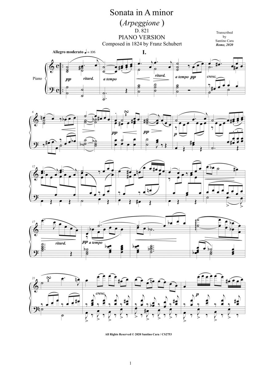 Schubert F - Arpeggione Sonata in A minor D.821 - Piano version image number null