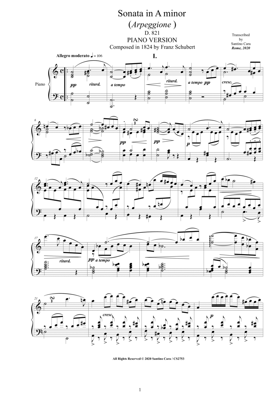 Schubert F - Arpeggione Sonata in A minor D.821 - Piano version Piano Solo scores gallery preview page 1