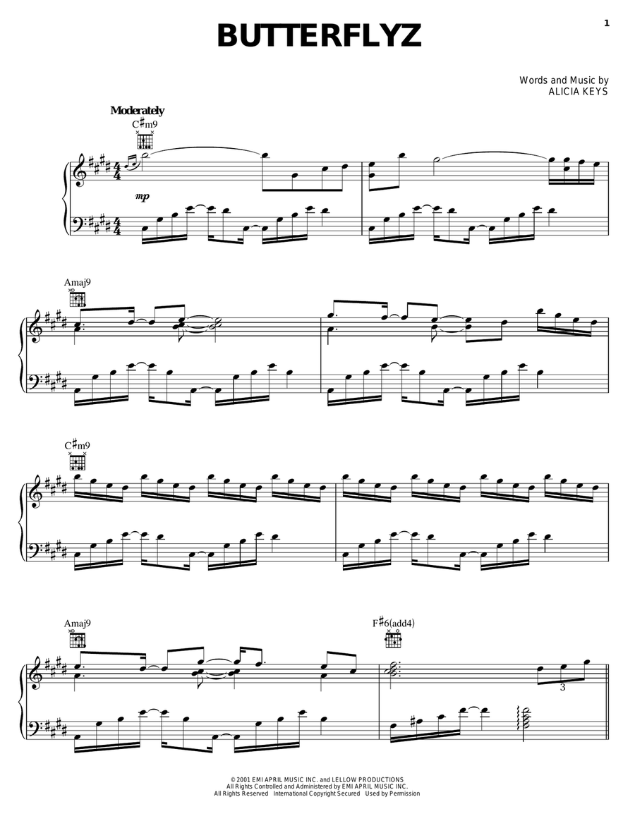 Butterflyz Piano, Vocal, Guitar scores gallery preview page 1