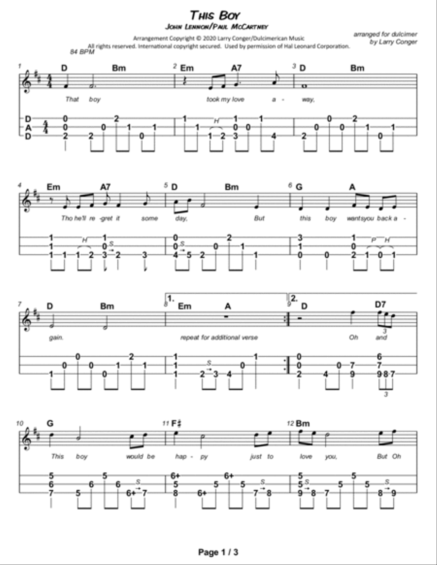 Ringo's Theme (this Boy) Dulcimer scores gallery preview page 2
