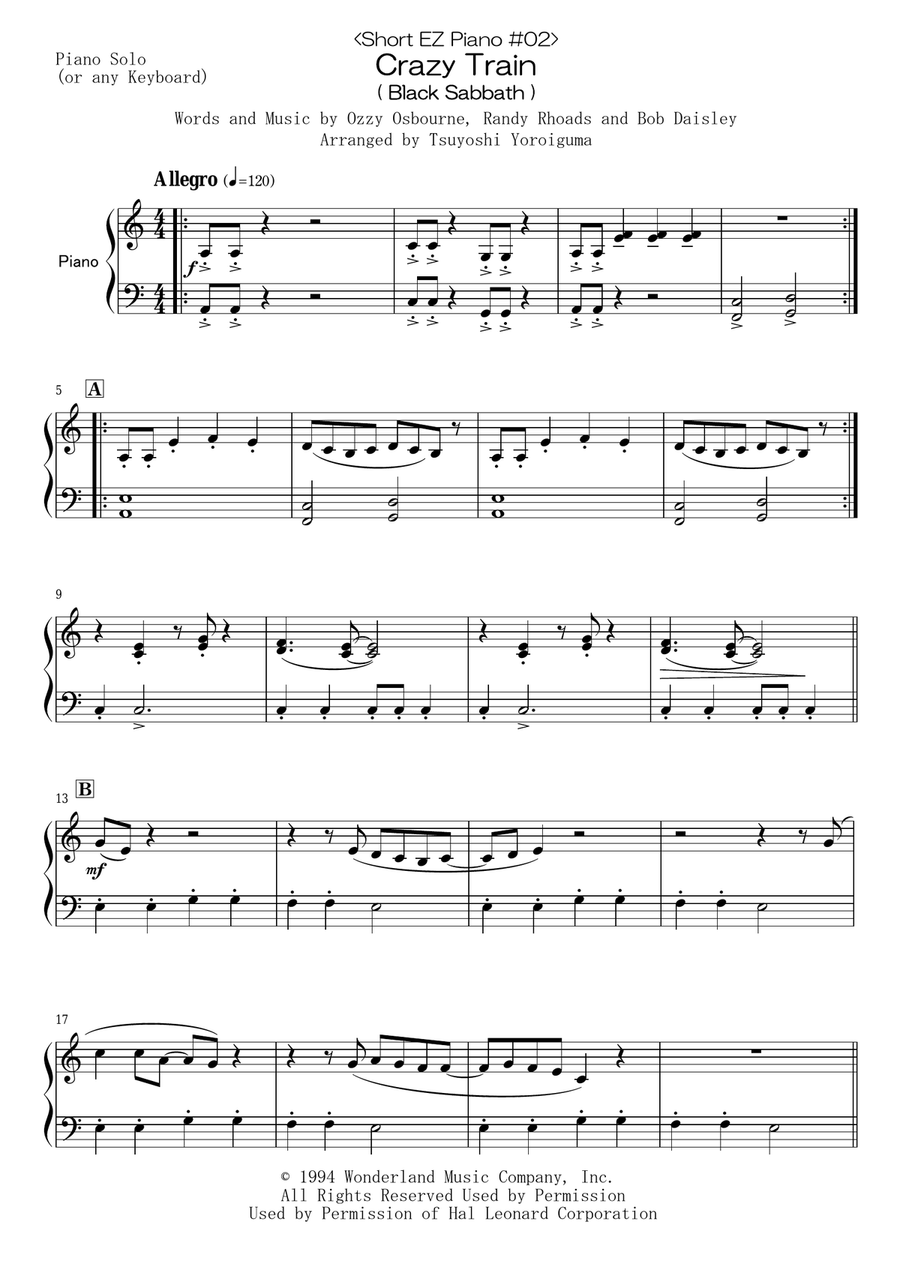 Crazy Train Easy Piano scores gallery preview page 1