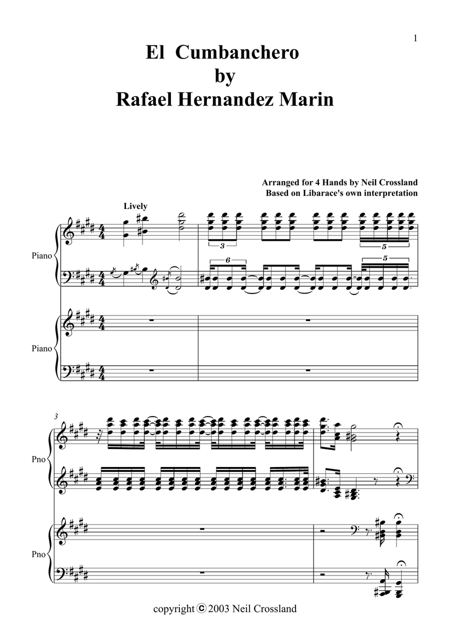 Rafael Hernandez Marin El Cumbanchero arranged from Liberace's own interpretation by Neil Crossland 1 Piano, 4-Hands scores gallery preview page 1