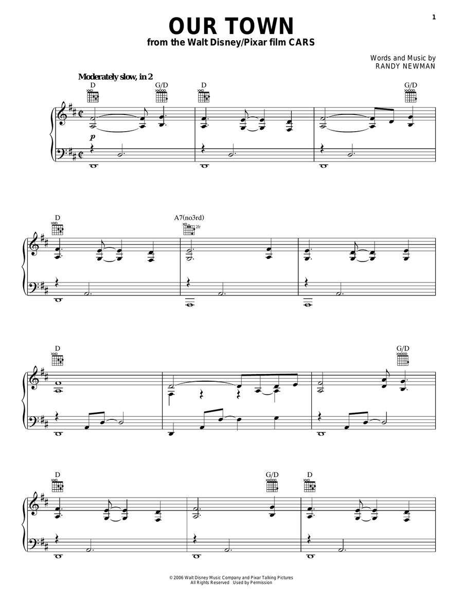 Our Town (from Cars) Our Town (from Cars) Piano, Vocal, Guitar scores gallery preview page 1