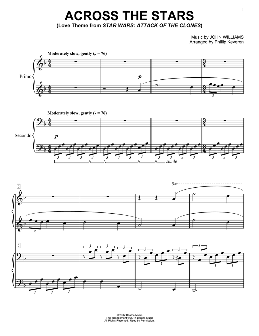 Across The Stars (from Star Wars: Attack of the Clones) (arr. Phillip Keveren) Piano Duet scores gallery preview page 1