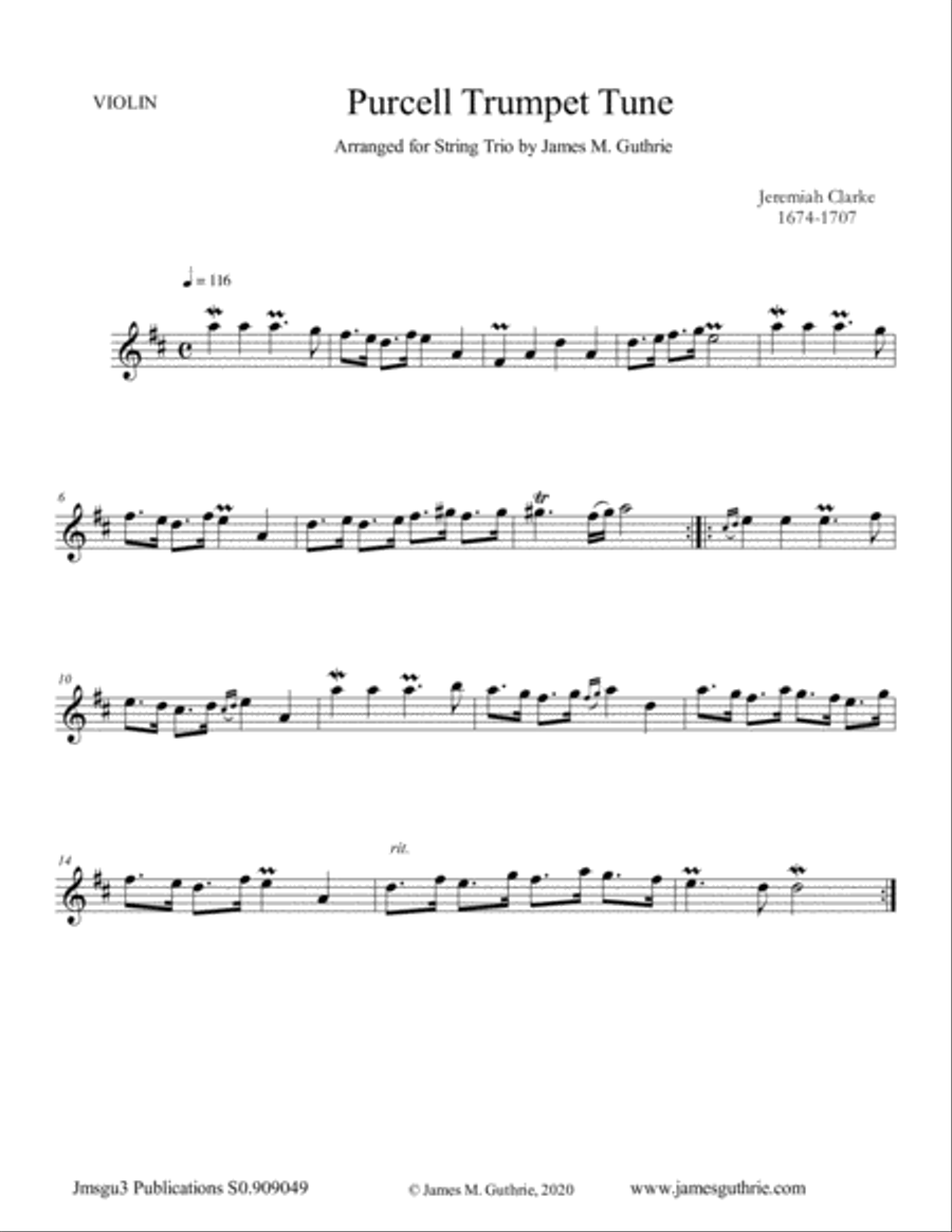 Clarke: Purcell Trumpet Tune for String Trio String Trio scores gallery preview page 3