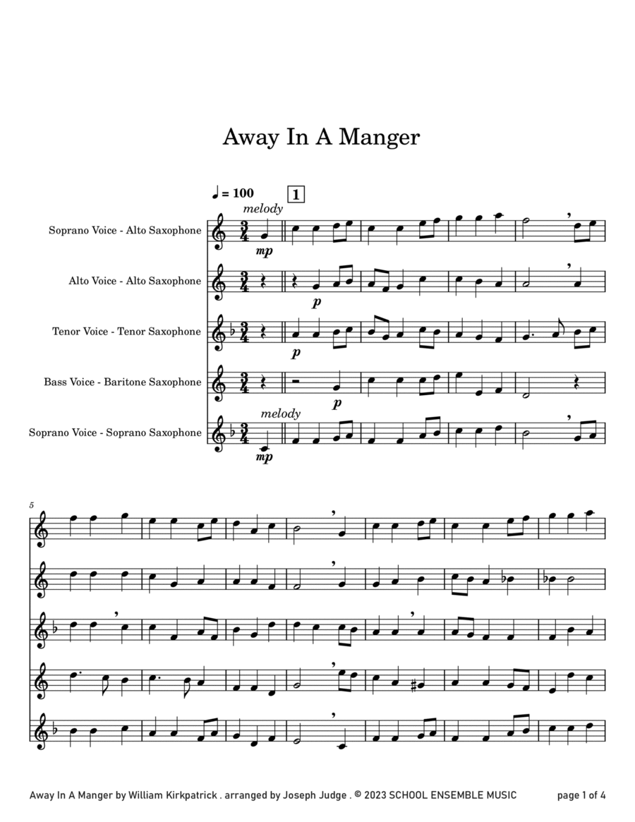 Away In A Manger for Saxophone Quartet in Schools image number null