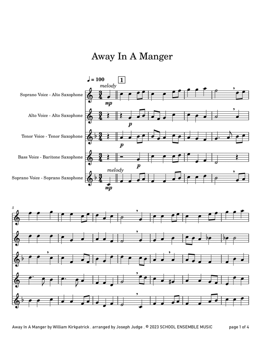 Away In A Manger for Saxophone Quartet in Schools Saxophone Quartet scores gallery preview page 1