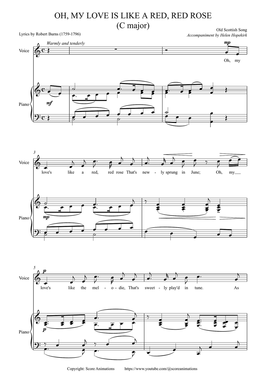 “Oh, My Love Is Like A Red, Red Rose“ in C major Voice scores gallery preview page 1