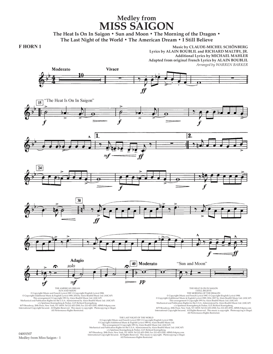 Medley from Miss Saigon (arr. Warren Barker) - F Horn 1 Concert Band scores gallery preview page 1