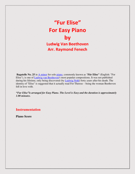 Fur Elise - Ludwig Van Beethoven - Easy Piano image number null