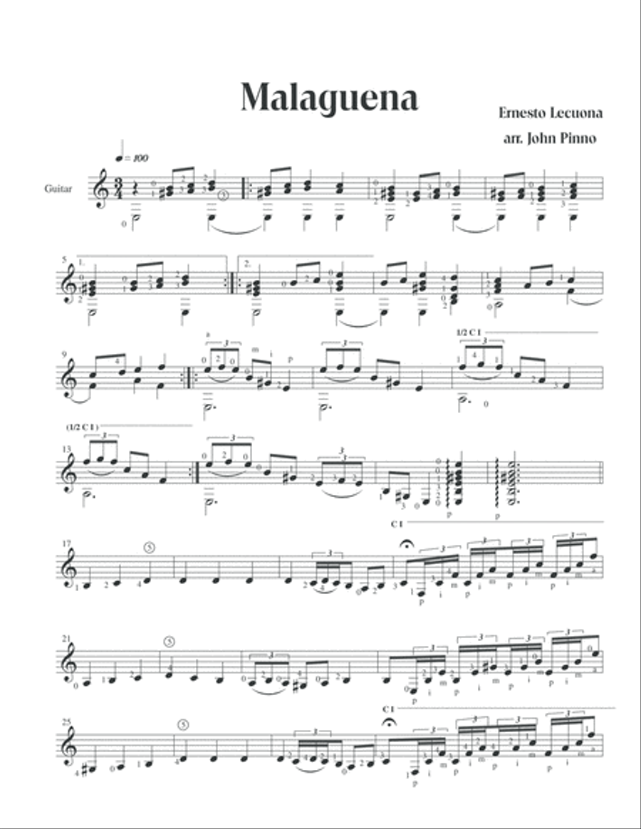 Malaguena by Ernesto Lecona (arr. for solo classical guitar by John Pinno) Small Ensemble scores gallery preview page 2