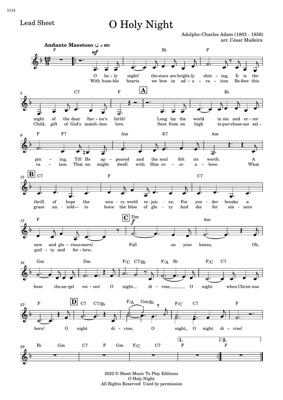 O Holy Night Lead Sheet F Major by AdolpheCharles Adam Piano