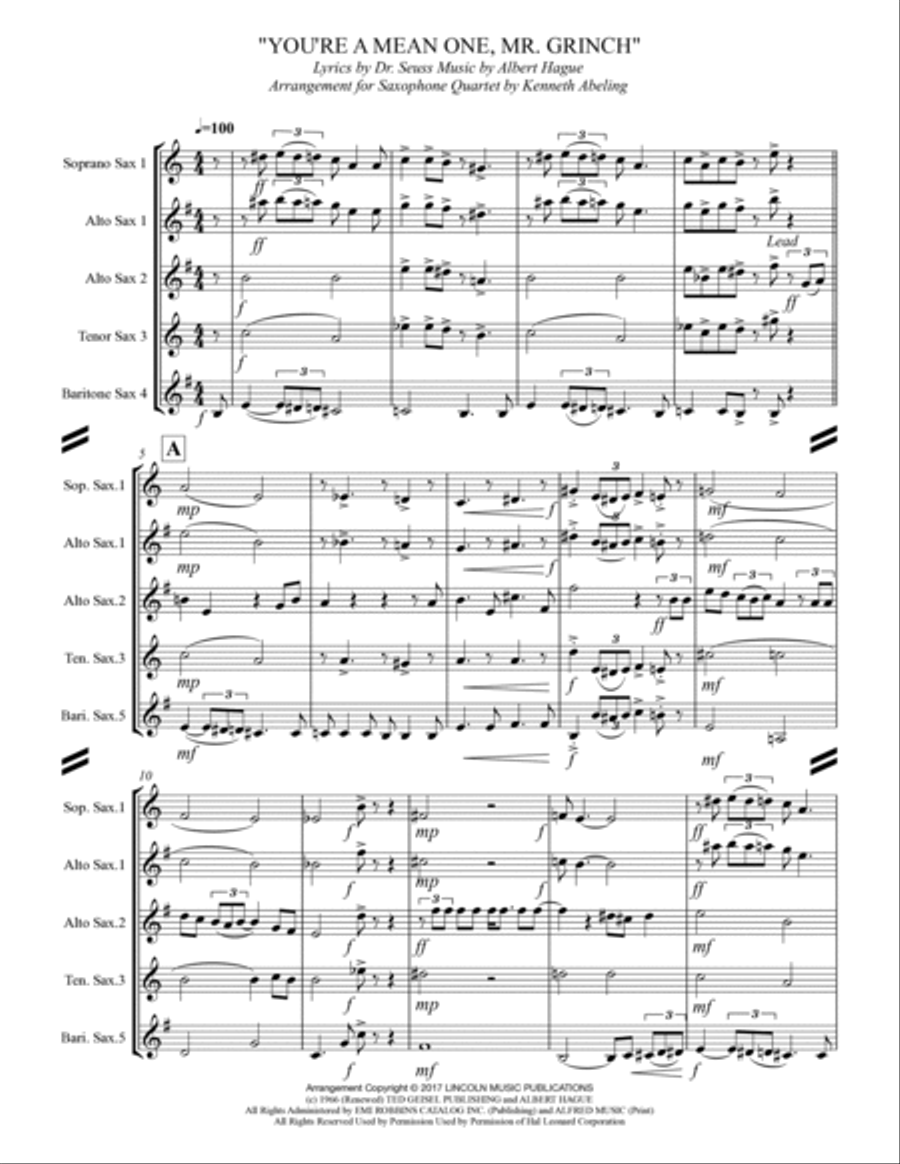 You're A Mean One, Mr. Grinch Saxophone Quartet scores gallery preview page 2