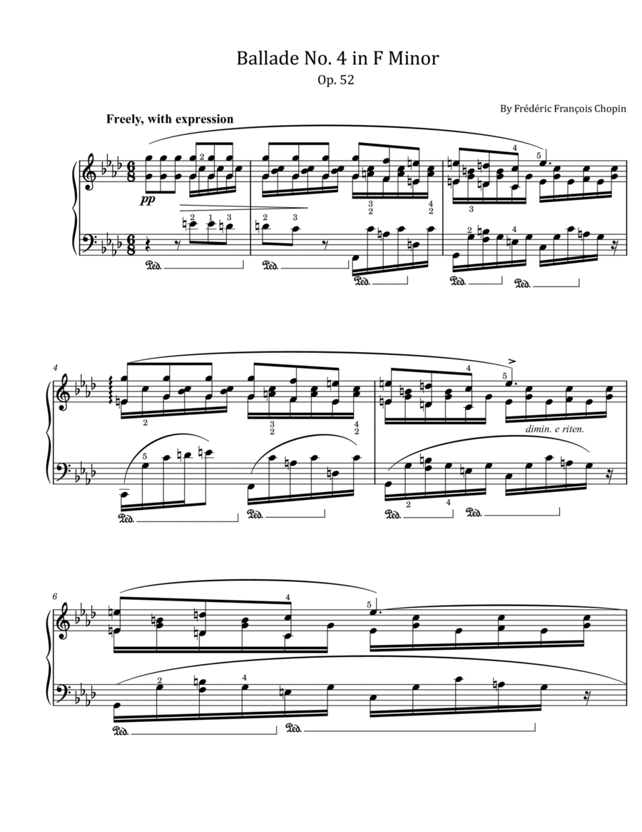 Chopin - Ballade No. 4 in F Minor - Op.52- Original With Fingered - For Piano Solo image number null