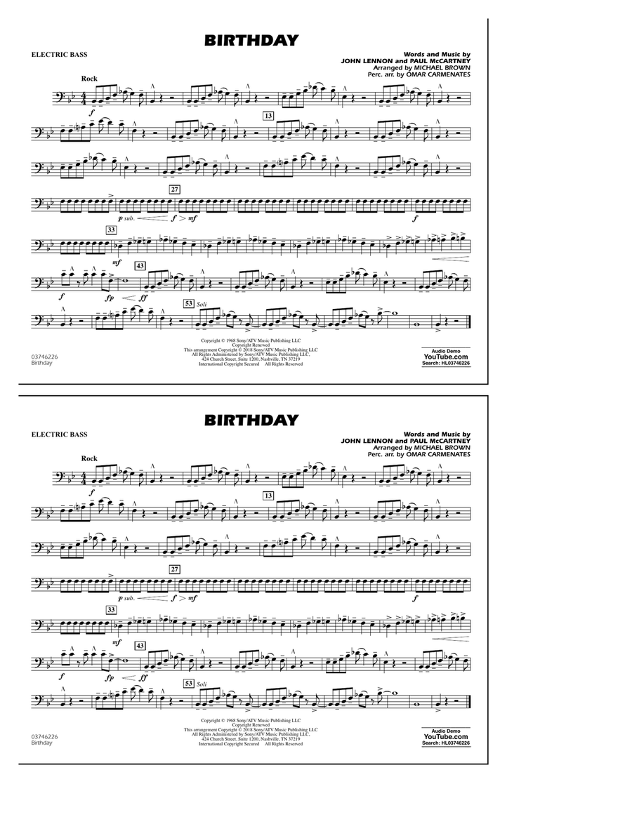 Birthday - Electric Bass Birthday - Electric Bass Marching Band scores gallery preview page 1