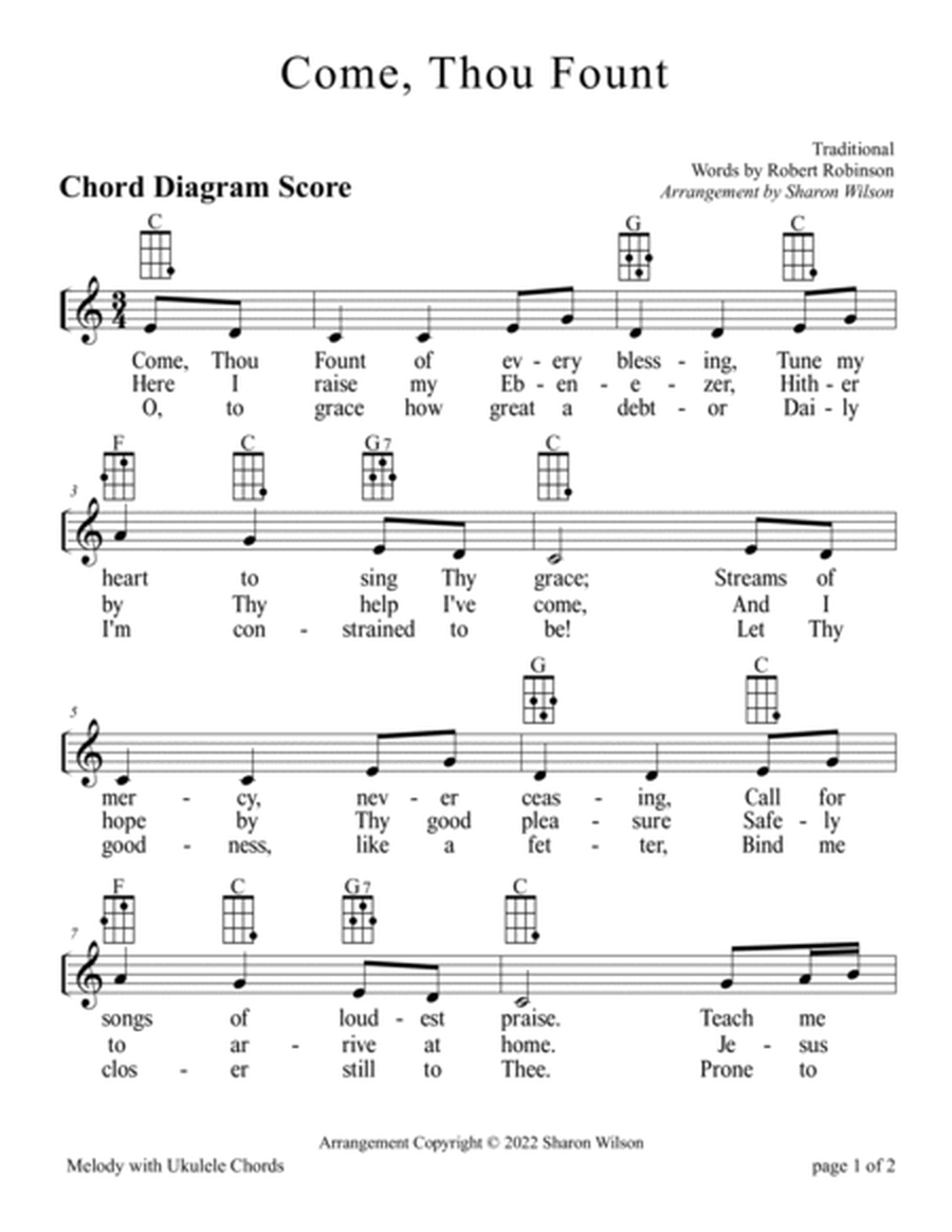 Come, Thou Fount for Ukulele (Chords, TAB, Melody, and Lyrics with optional Piano Accompaniment) image number null