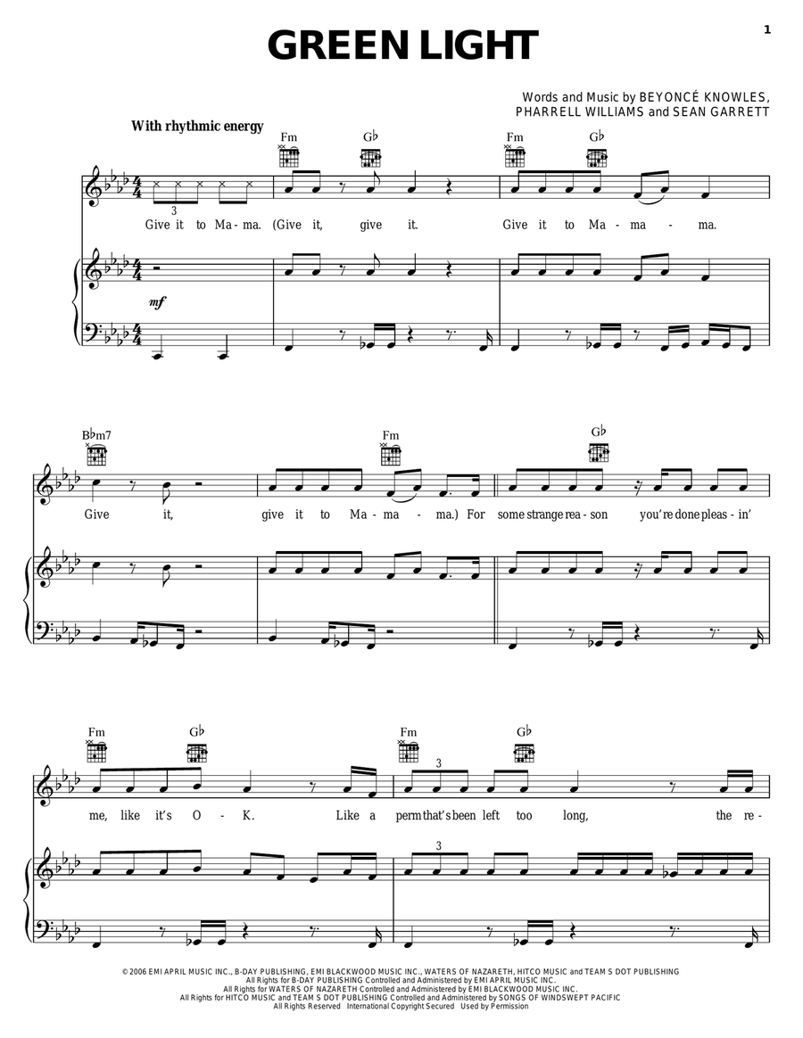 Green Light Piano, Vocal, Guitar scores gallery preview page 1