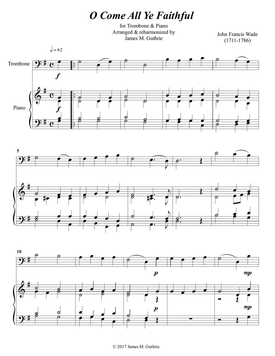 O Come All Ye Faithful for Trombone & Piano Piano Accompaniment scores gallery preview page 1