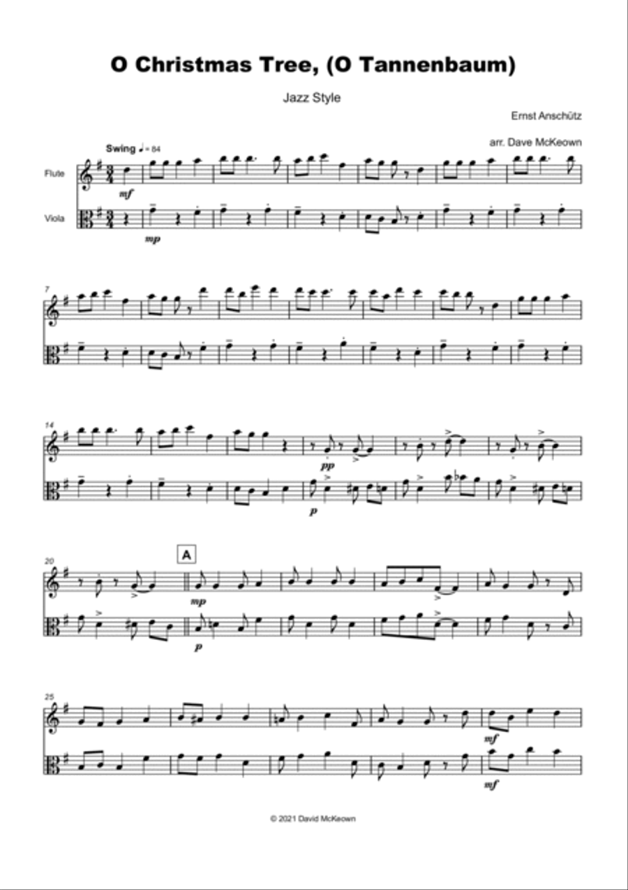 O Christmas Tree, (O Tannenbaum), Jazz style, for Flute and Viola Duet Flute scores gallery preview page 2