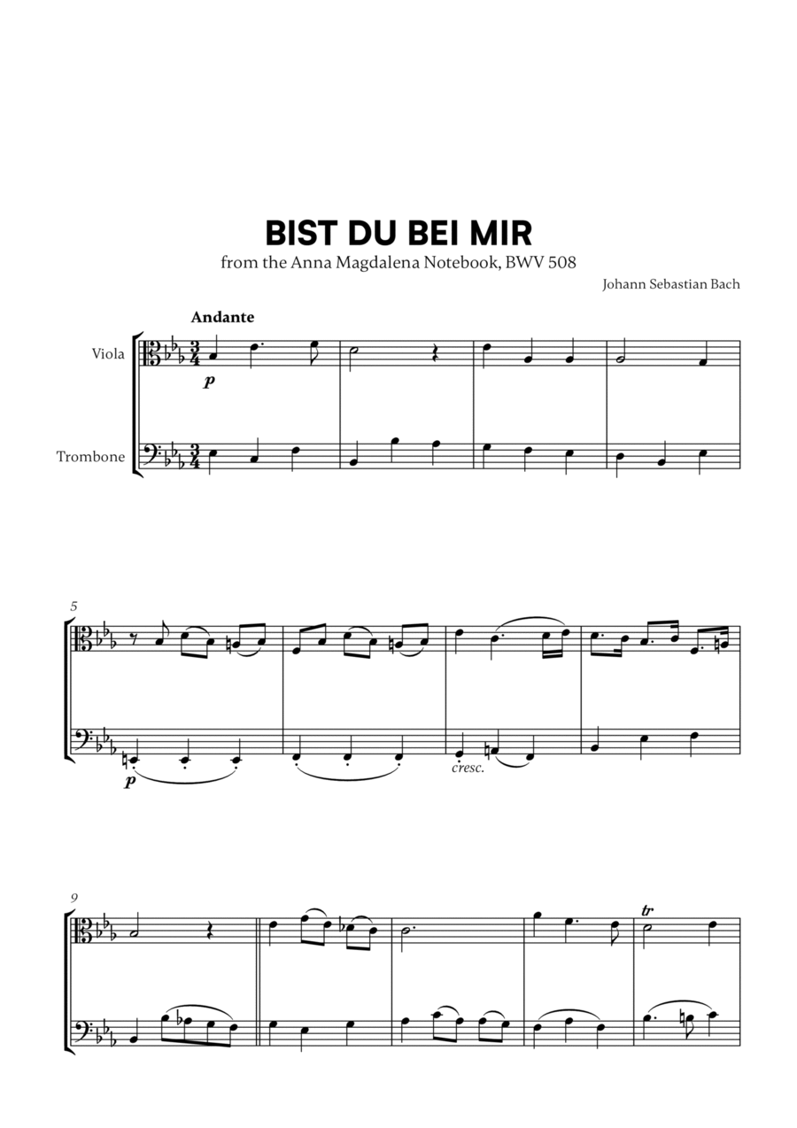 Bist du bei Mir (BWV 508) (for Viola and Trombone) Bist du bei Mir (BWV 508) (for Viola and Trombone) Trombone scores gallery preview page 1