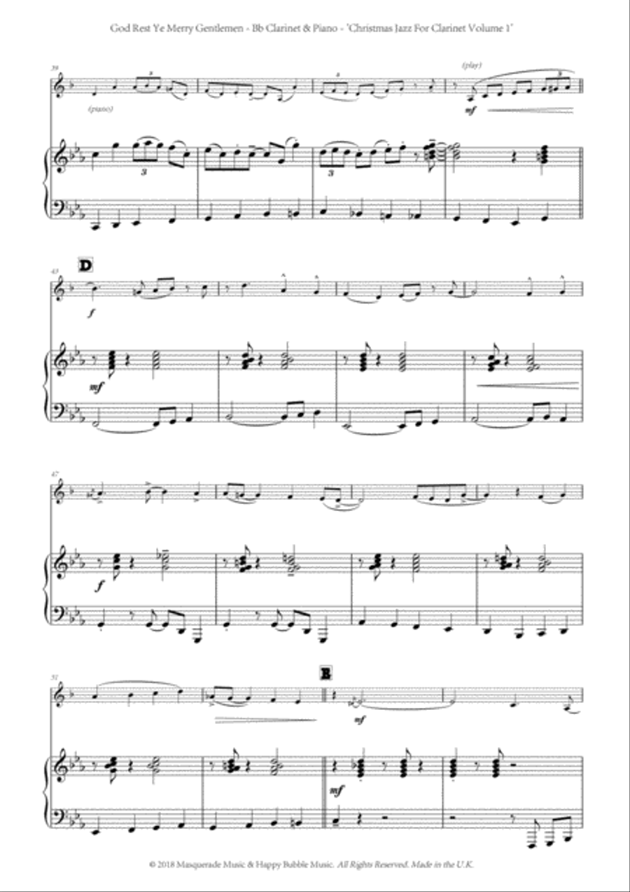 God Rest Ye Merry Gentlemen; A Funky Jazz arrangement for Bb Clarinet and Piano. Includes access to B-Flat Clarinet scores gallery preview page 3