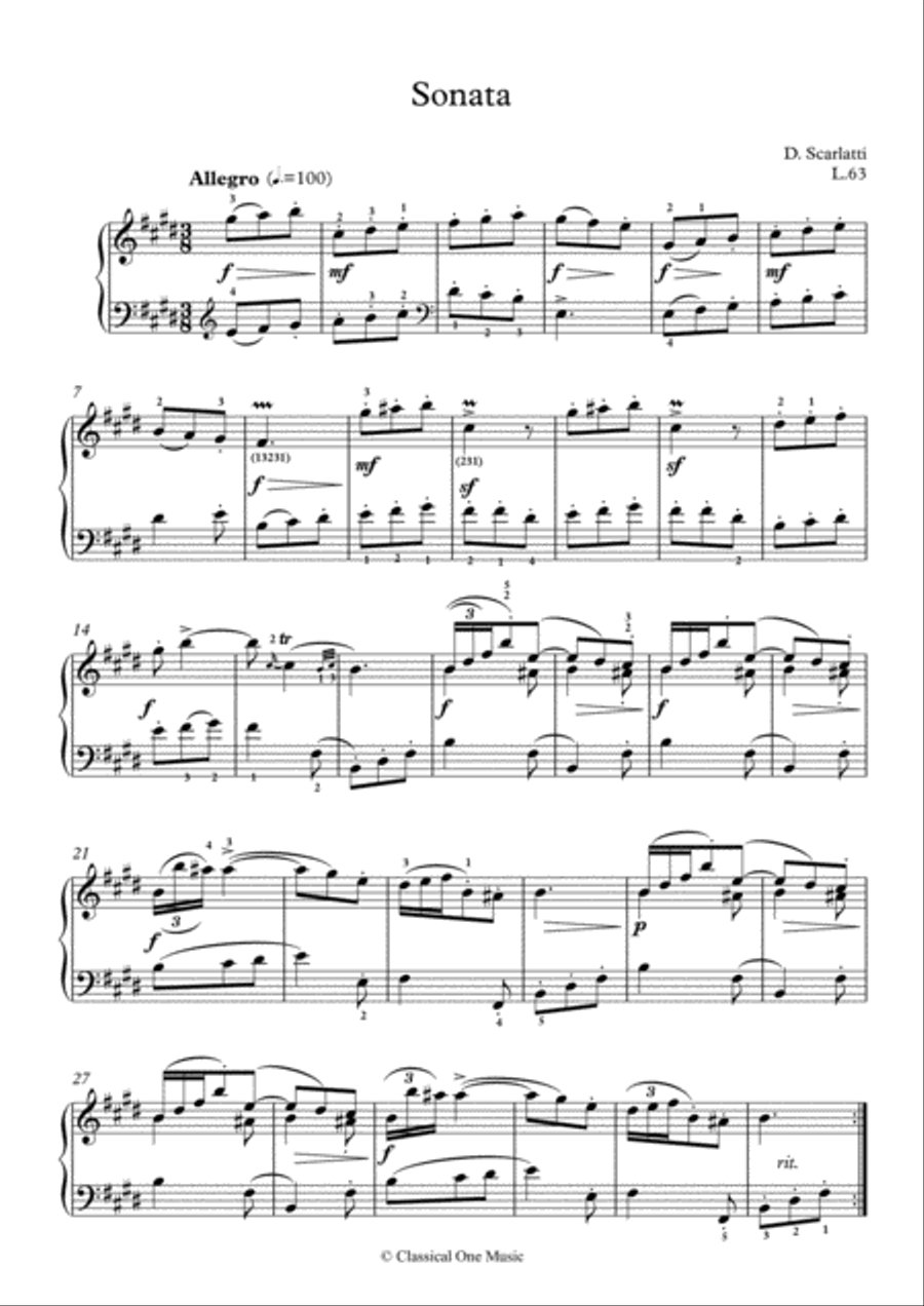 Scarlatti-Sonata in E-Major L.63 K.163(piano) Piano Solo scores gallery preview page 2