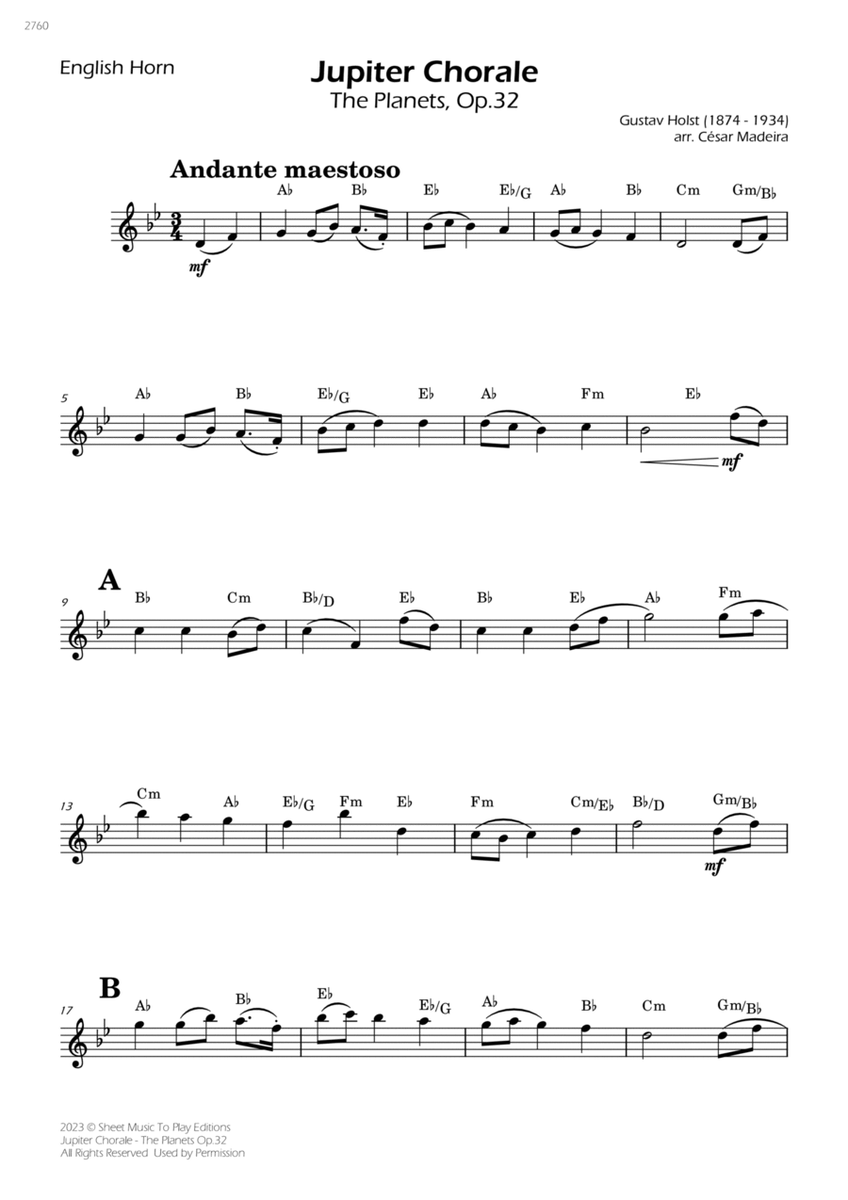 Jupiter Chorale from The Planets - English Horn Solo - W/Chords image number null