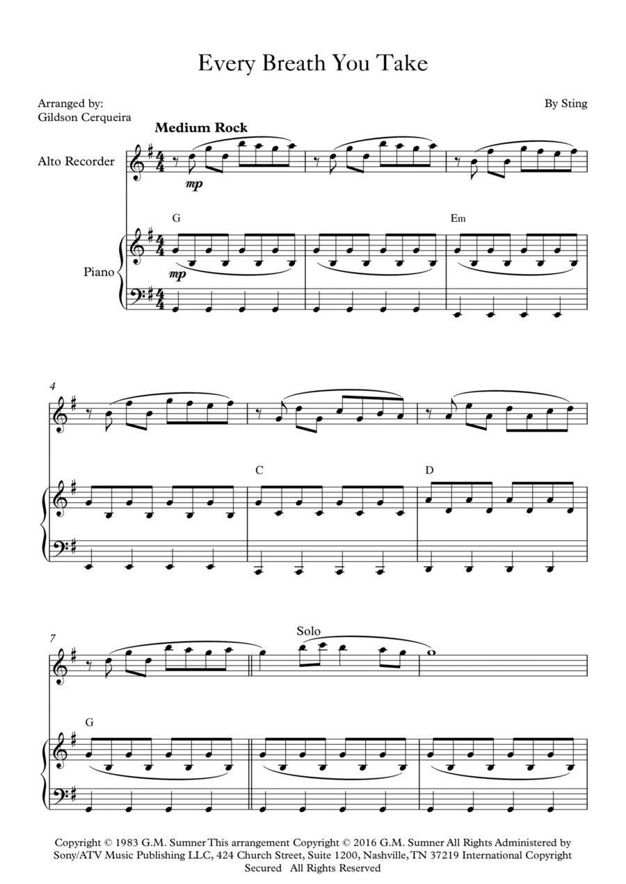 Every Breath You Take Alto Recorder scores gallery preview page 1