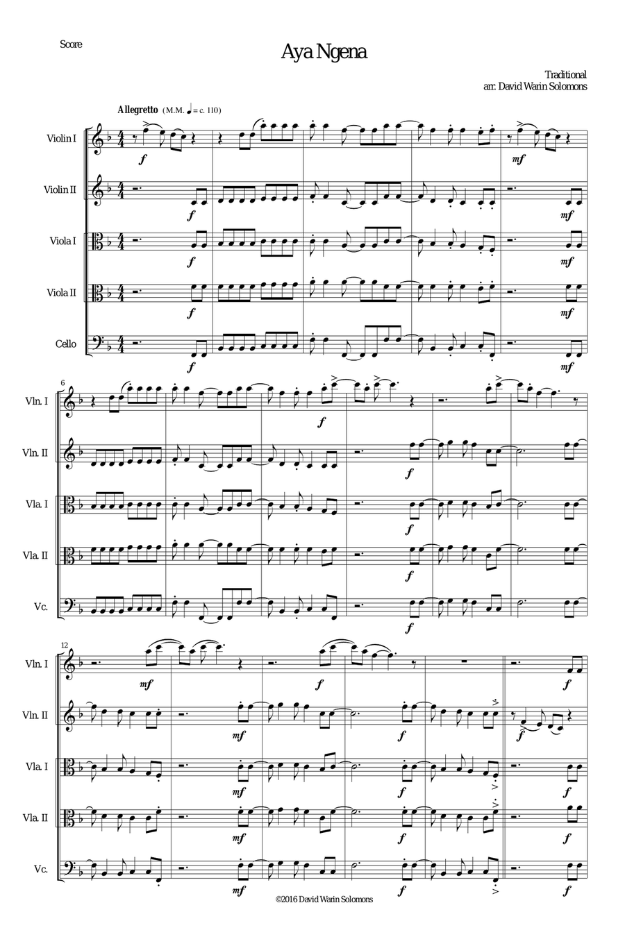 Aya Ngena for string quintet (2 violins 2 violas 1 cello) String Quintet scores gallery preview page 1