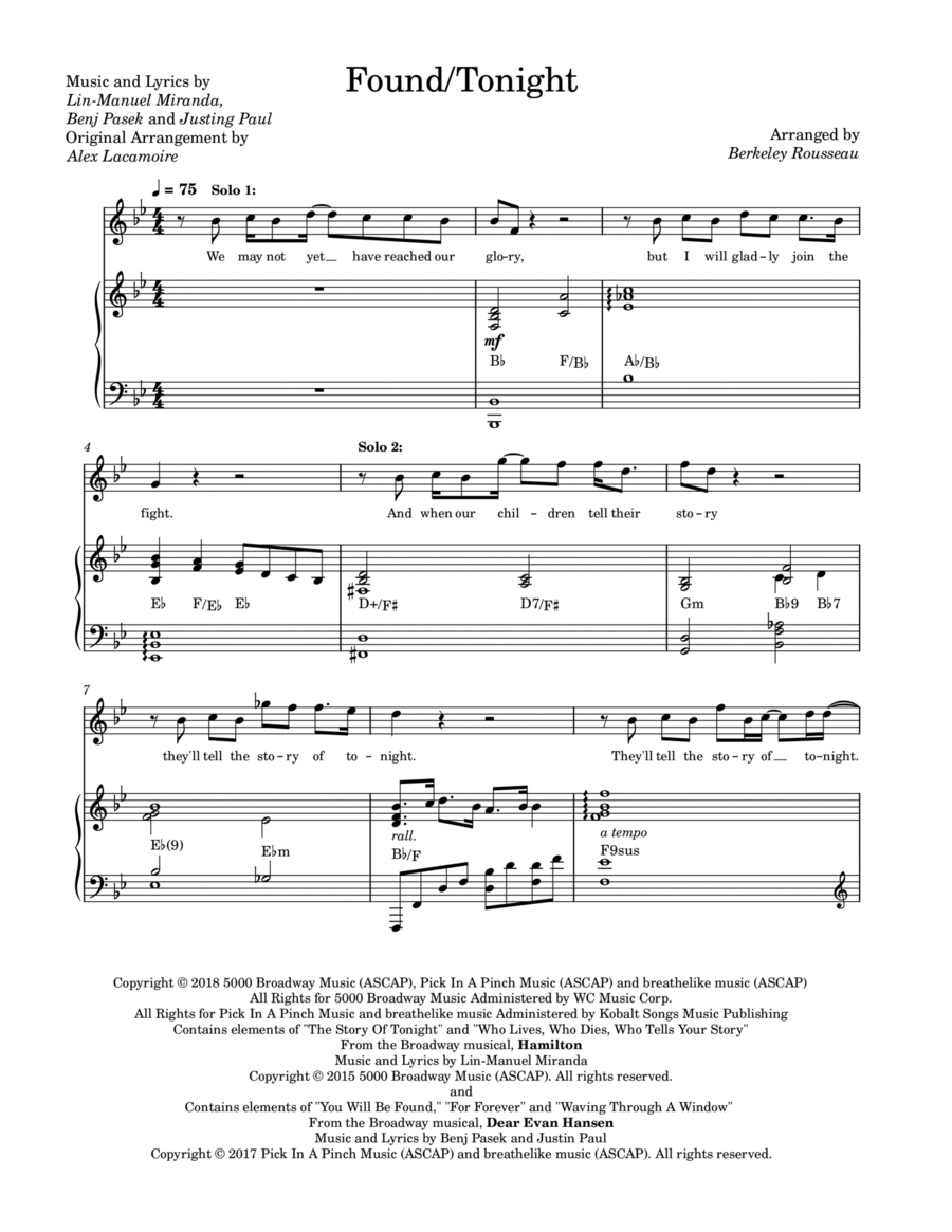 Found tonight by Lin Manuel Miranda 4 Part Digital Sheet Music