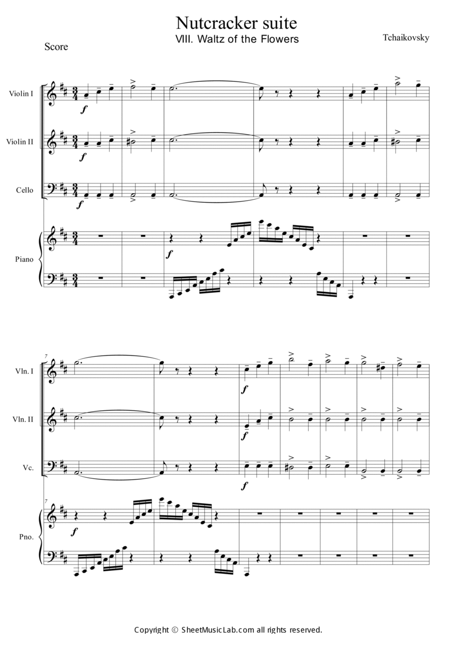Nutcracker Op.71a - Waltz of the Flowers Piano Quartet scores gallery preview page 1