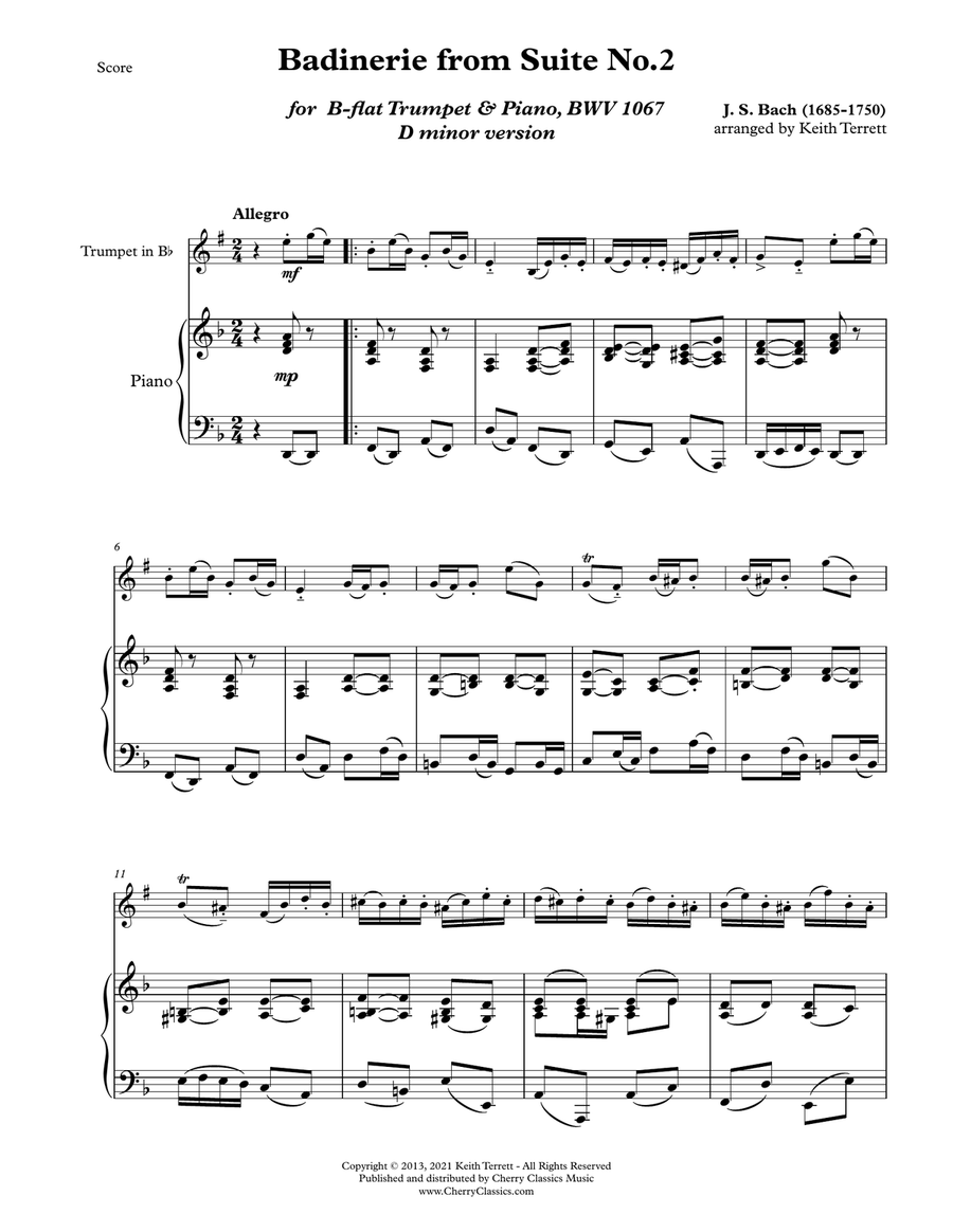 Badinerie for Trumpet in B-flat and Piano D minor Version (easier) B-Flat Trumpet scores gallery preview page 2