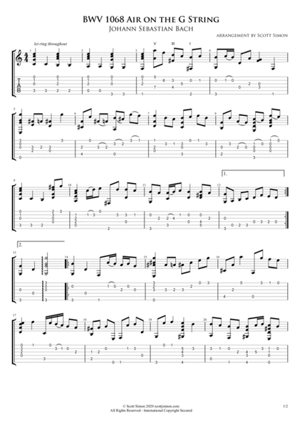 Air on the G String BWV 1068 for Classical Guitar (Tablature Edition) by Johann Sebastian Bach Acoustic Guitar - Digital Sheet Music
