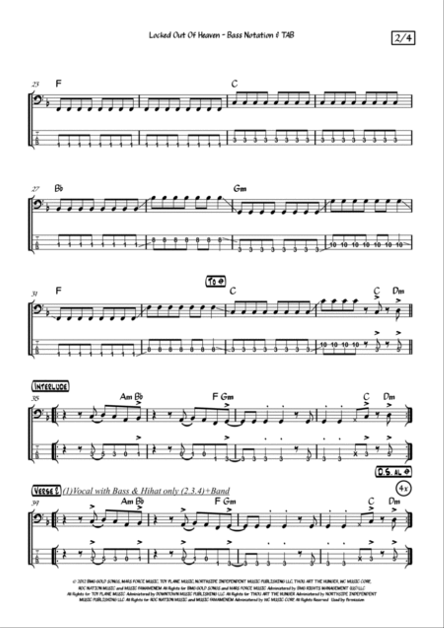 Locked Out Of Heaven Bass Guitar scores gallery preview page 6