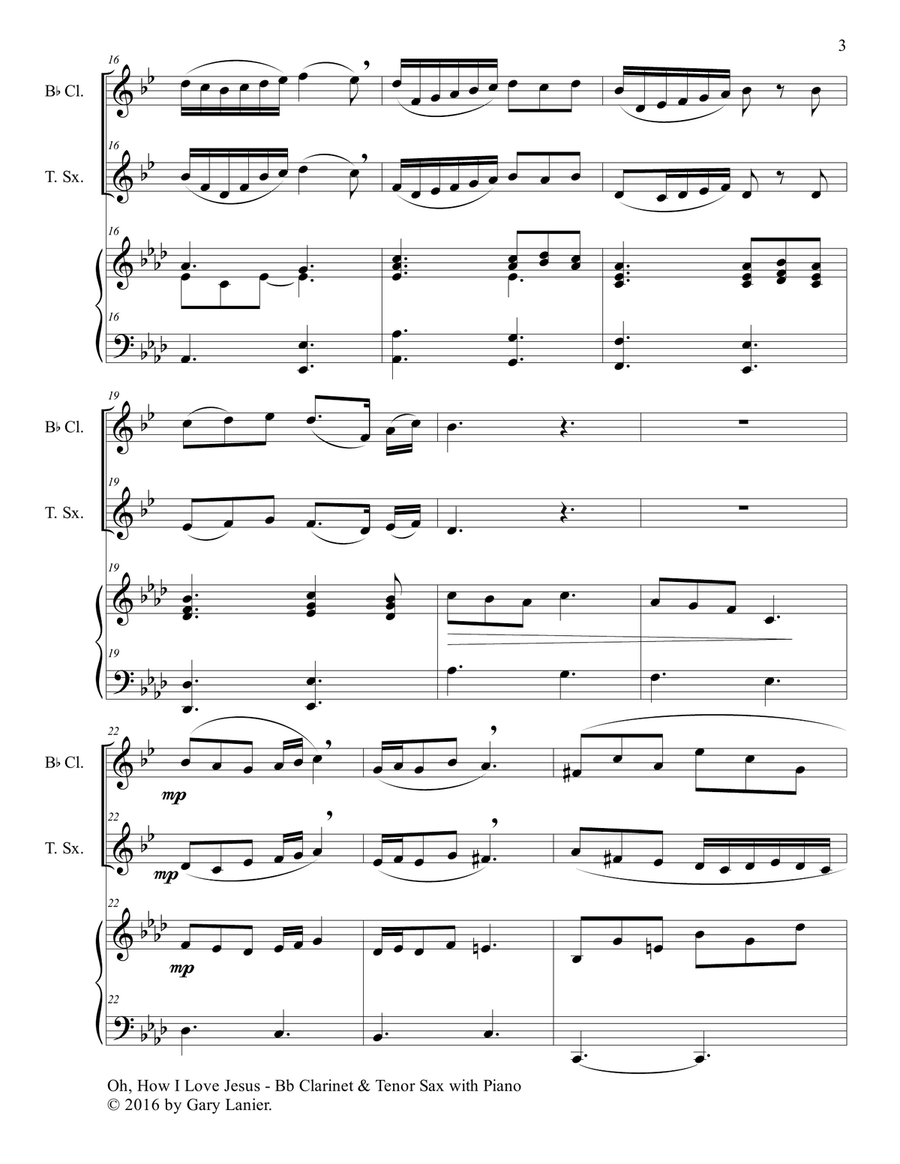 OH, HOW I LOVE JESUS (Trio – Bb Clarinet, Tenor Sax and Piano with Parts) Woodwind Duet scores gallery preview page 4