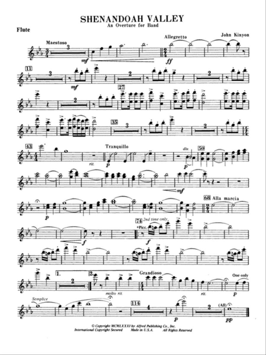 Shenandoah Valley: Flute Shenandoah Valley: Flute Concert Band scores gallery preview page 1