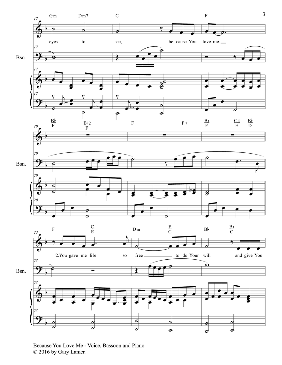 Gary Lanier: BECAUSE YOU LOVE ME (Worship - For Voice, Bassoon and Piano) Small Ensemble scores gallery preview page 4