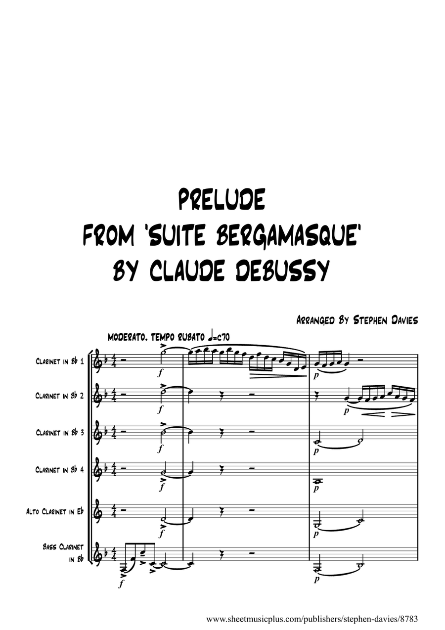 'Prelude From Suite Bergamasque' by Claude Debussy arranged for Clarinet Sextet. Small Ensemble scores gallery preview page 1