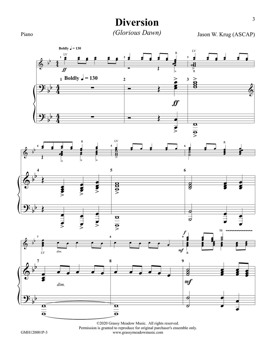 Diversion (Glorious Dawn) (piano accompaniment to 12 bell version) Handbell Choir scores gallery preview page 3