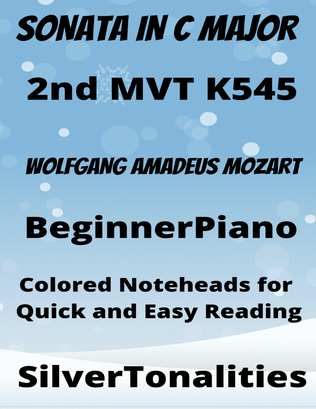 Sonata in C Major K545 2nd Mvt Beginner Piano Sheet Music with Colored Notation