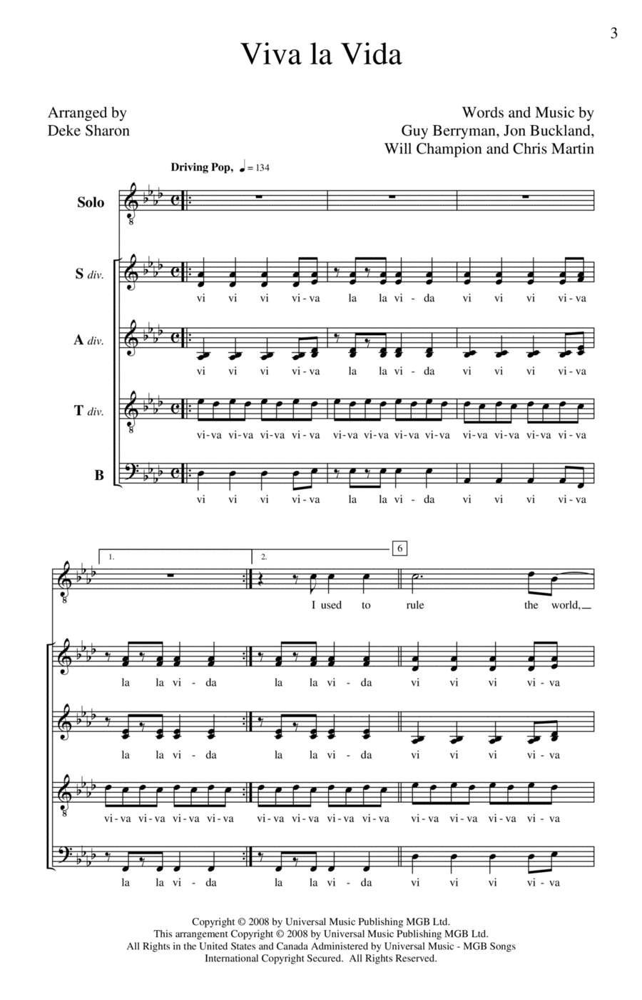 Viva La Vida (arr. Deke Sharon) 4-Part scores gallery preview page 1
