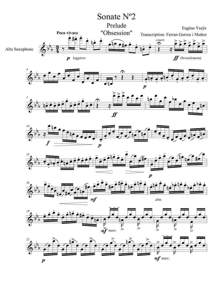 Violin Sonata N. 2 - Prelude (E. Ysaÿe) [Alto Saxophone Transcription] Alto Saxophone scores gallery preview page 1