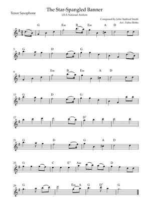 The Star Spangled Banner (USA National Anthem) for Tenor Saxophone Solo with Chords (F Major)