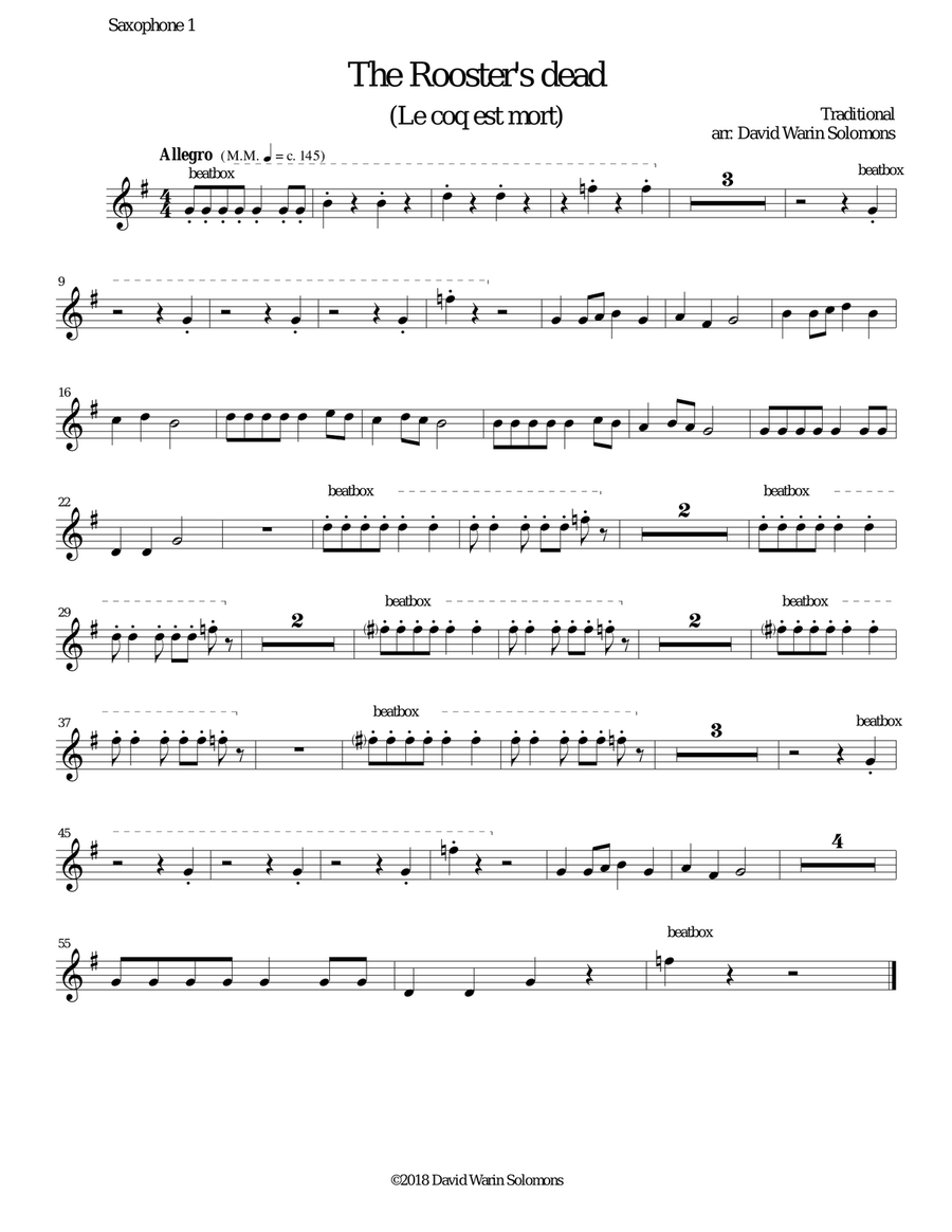 The Rooster's Dead (Le coq est mort) canon for 5 saxophones with beatboxing Saxophone Quintet scores gallery preview page 4