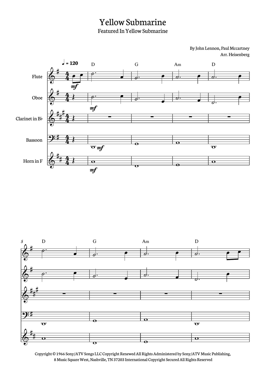 Yellow Submarine Woodwind Quintet scores gallery preview page 1