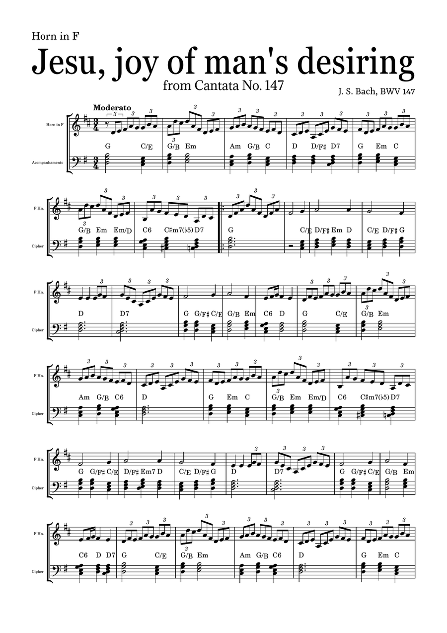 JESU, JOY OF MAN'S DESIRING by Bach - easy version for Horn in F and piano with chords Small Ensemble scores gallery preview page 2