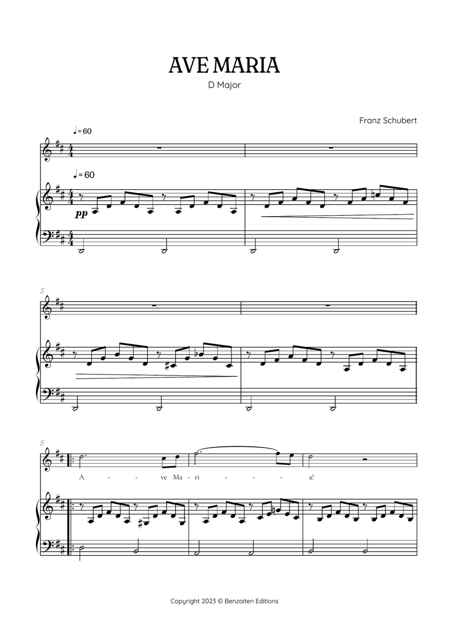 Schubert Ave Maria in D Major • soprano sheet music with easy piano accompaniment Piano, Vocal scores gallery preview page 1