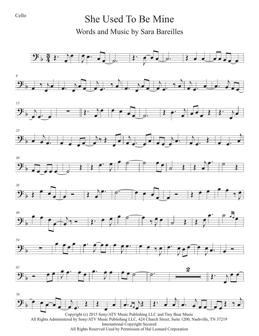 She Used To Be Mine from WAITRESS THE MUSICAL Cello Solo scores gallery preview page 1